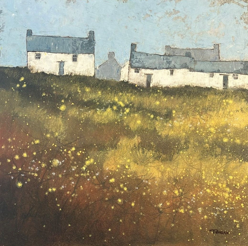 A beautiful original artwork of coastal cottages with wild flowers. Pink and yellow tones and grasses in the foreground. A perfect original painting for a contemporary bedroom/lounge setting. Choose a frame colour of your choice at checkout for a small surcharge.