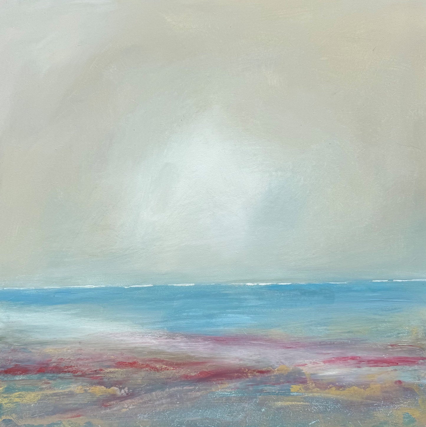 Original coastal painting of a reef/beach scene with blue, pink and gold foreground. Choose a frame to the colour of your choice from the checkout (surcharge) and make it your perfect centrepiece for you bedroom or lounge.
