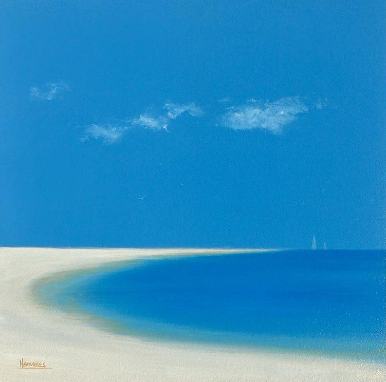 An original coastal painting showing shoreline and blue skies. The perfect wall art for any blue/grey toned room or bathroom setting. A contemporary seascape original artwork for any modern setting.