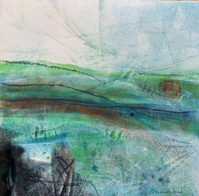 A stunning mixed media landscape painting with gorgeous foreground detail in greens and blues. Choose your frame colour to match your decor at checkout.
