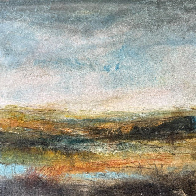 An original semi abstract landscape painting. Lovely pastel shades with water in the foreground and hills behind. A perfect gift or artwork for your home.