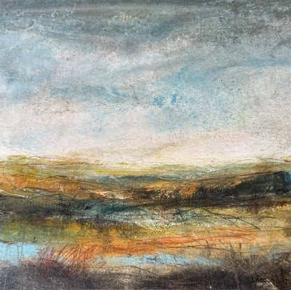 An original semi abstract landscape painting. Lovely pastel shades with water in the foreground and hills behind. A perfect gift or artwork for your home.
