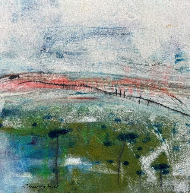 A stunning mixed media landscape painting with gorgeous foreground detail in greens and blues. Choose your frame colour to match your decor at checkout.&nbsp;