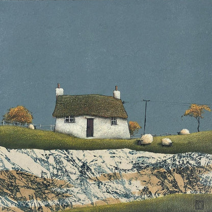 Original painting of thatched coastal croft with sheep and a rocky foreground. A charming original artwork of a rural setting. Choose a frame colour of your choice at checkout for a small surcharge.