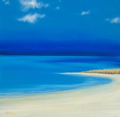 An original coastal painting showing shoreline and blue skies. The perfect wall art for any blue tone/bathroom setting. Choose your frame colour (surcharge) and create a wonderful display of these smaller artworks. A seascape of exceptional quality.