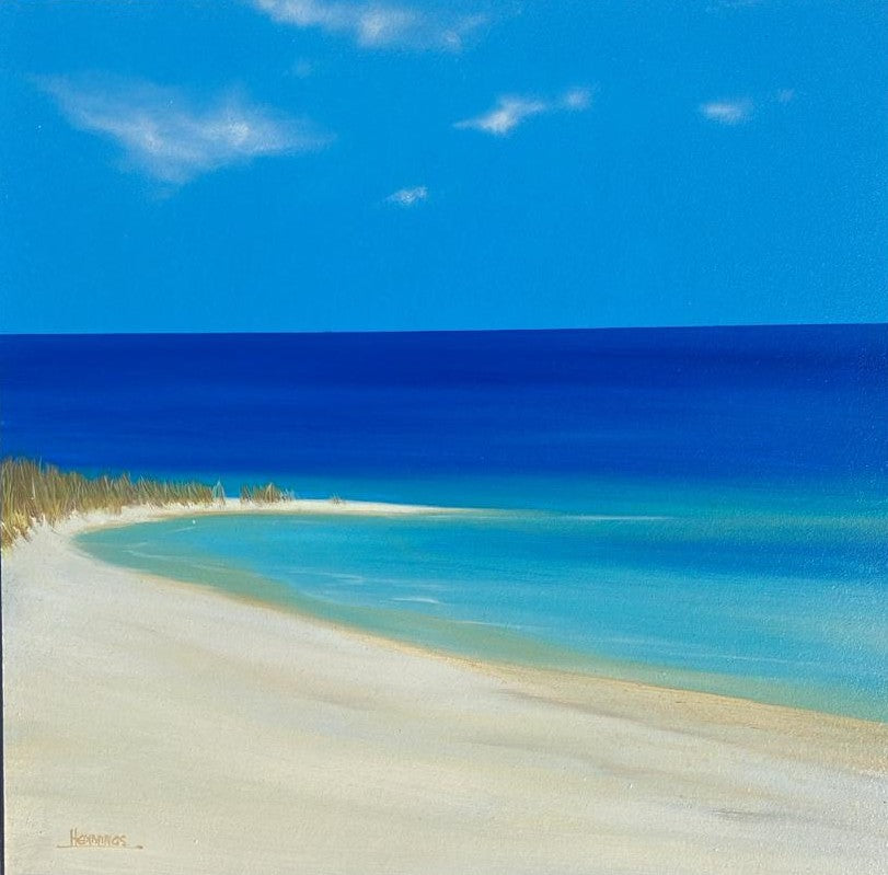 An original coastal painting showing shoreline and blue skies. The perfect wall art for any blue tone/bathroom setting. Choose your frame colour (surcharge) and create a wonderful display of these smaller artworks.