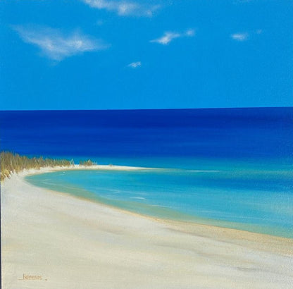 An original coastal painting showing shoreline and blue skies. The perfect wall art for any blue tone/bathroom setting. Choose your frame colour (surcharge) and create a wonderful display of these smaller artworks.