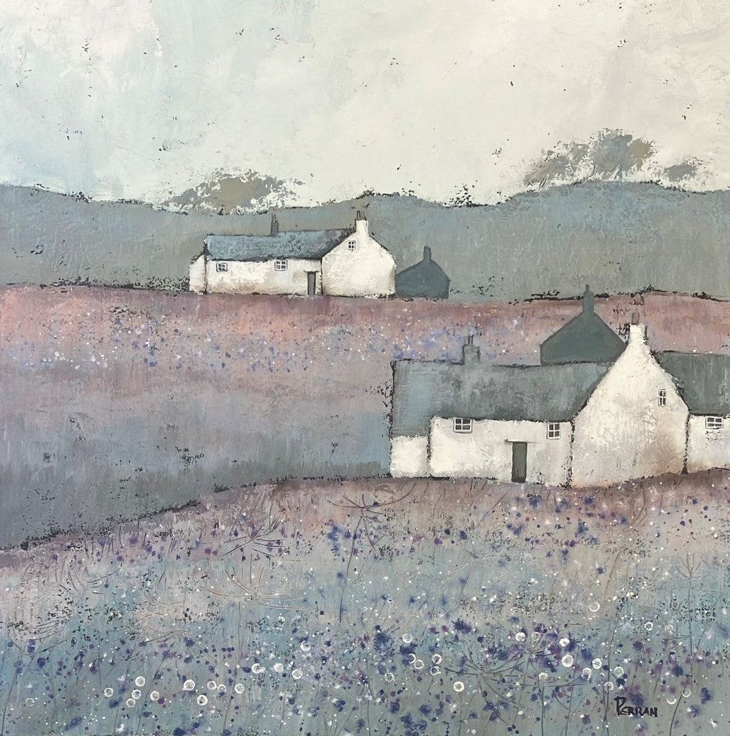 A beautiful original artwork of coastal cottages with wild flowers. Pink and blue tones and grasses in the foreground. A perfect original painting for a contemporary bedroom/lounge setting. Choose a frame colour of your choice at checkout for a small surcharge.