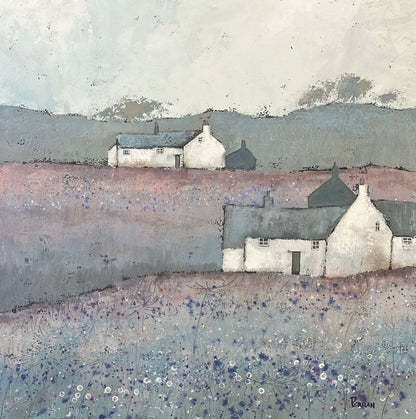 A beautiful original artwork of coastal cottages with wild flowers. Pink and blue tones and grasses in the foreground. A perfect original painting for a contemporary bedroom/lounge setting. Choose a frame colour of your choice at checkout for a small surcharge.