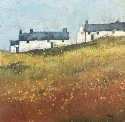 A beautiful original artwork of coastal cottages with wild flowers. Pink and yellow tones and grasses in the foreground. A perfect original painting for a contemporary bedroom/lounge setting. Choose a frame colour of your choice at checkout for a small surcharge.