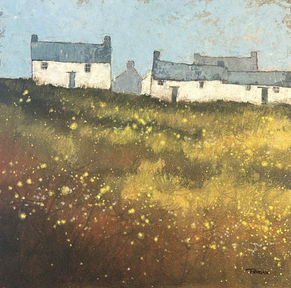 A beautiful original artwork of coastal cottages with wild flowers. Pink and yellow tones and grasses in the foreground. A perfect original painting for a contemporary bedroom/lounge setting. Choose a frame colour of your choice at checkout for a small surcharge.