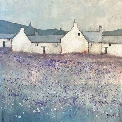 A beautiful original artwork of coastal cottages with wild flowers. Pink and blue tones and grasses in the foreground. A perfect original painting for a contemporary bedroom/lounge setting. Choose a frame colour of your choice at checkout for a small surcharge.
