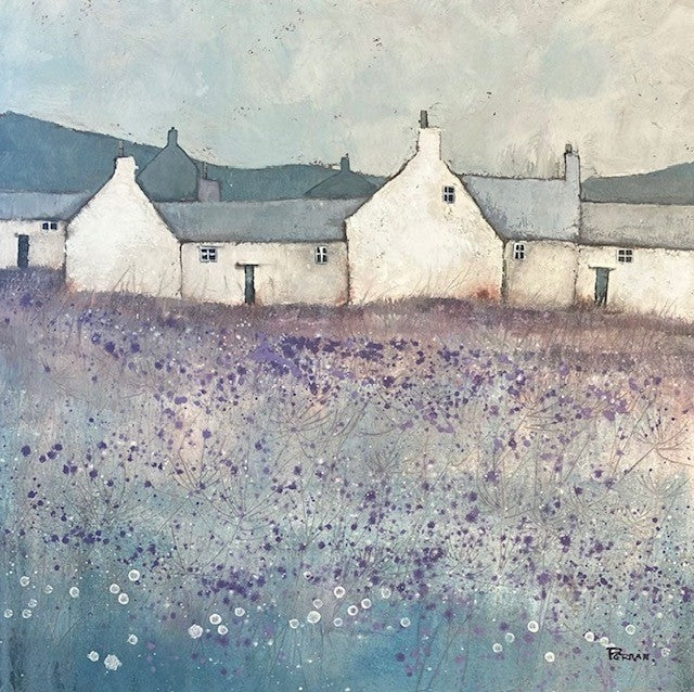 A beautiful original artwork of coastal cottages with wild flowers. Pink and blue tones and grasses in the foreground. A perfect original painting for a contemporary bedroom/lounge setting. Choose a frame colour of your choice at checkout for a small surcharge.
