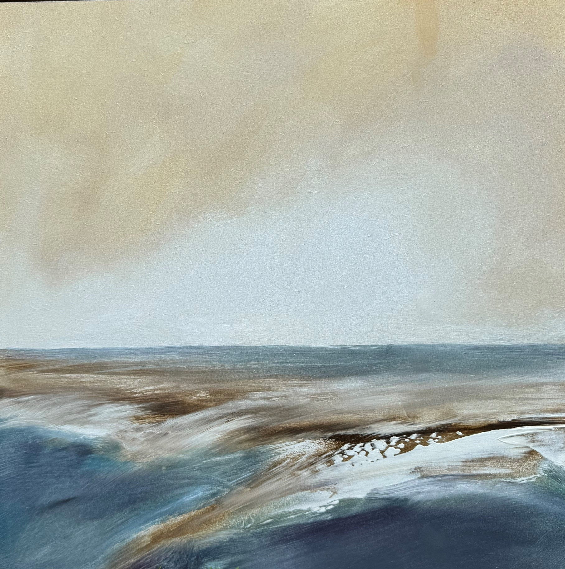 Original painting of a coastal semi abstract scene with brown, beige and blue tones.