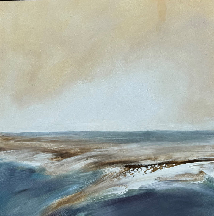Original painting of a coastal semi abstract scene with brown, beige and blue tones.