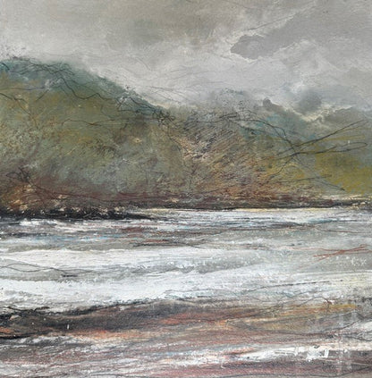 An original coastal seascape painting of a shoreline. Semi abstract with beautiful pastel shades. A perfect artwork for bedroom, bathroom or a coastal hideawa