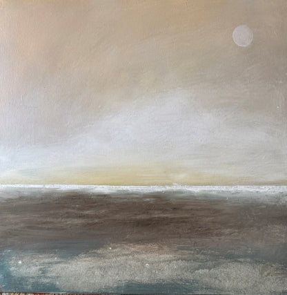 Original artwork of a coastal semi abstract evening scene. Pastel sky with green/brown foreground. Perfect tones for the modern lounge.