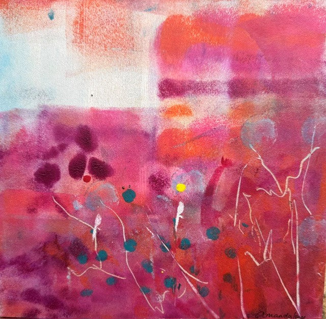 A stunning mixed media landscape painting with gorgeous floral detail in pinks and blues. Choose your frame colour to match your decor at checkout.