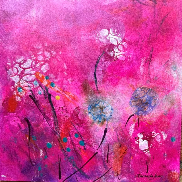 A stunning mixed media abstract floral painting with vivid pink background. Choose your frame colour to match your decor at checkout.