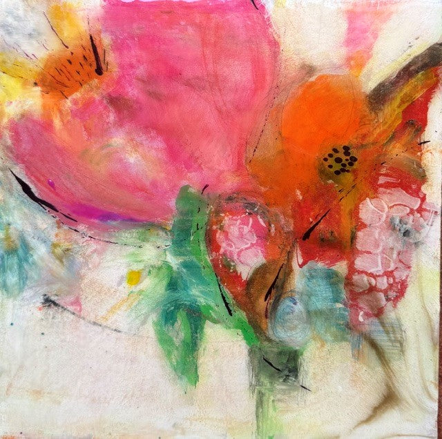 A stunning mixed media abstract floral painting with gold under a layer of bright gloss lacquer resin. Choose your frame colour to match your decor at checkout.