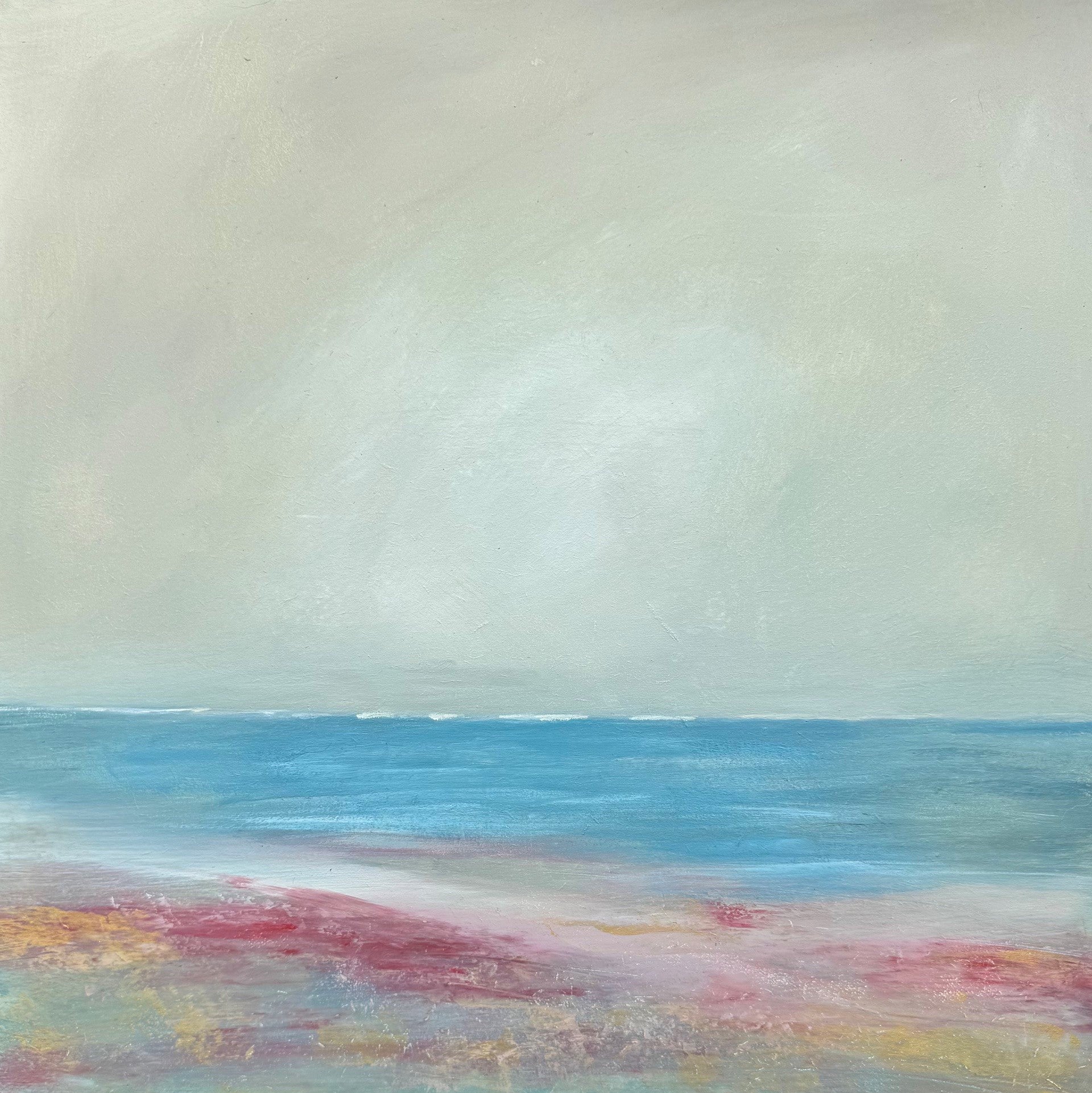 Original coastal painting of a reef/beach scene with blue, pink and gold foreground. Choose a frame to the colour of your choice from the checkout (surcharge) and make it your perect centrepiece for you bedroom or lounge.&nbsp;