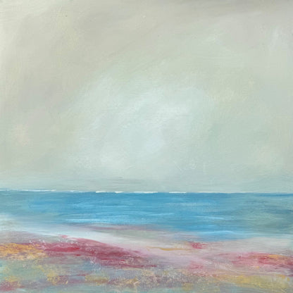 Original coastal painting of a reef/beach scene with blue, pink and gold foreground. Choose a frame to the colour of your choice from the checkout (surcharge) and make it your perect centrepiece for you bedroom or lounge.&nbsp;