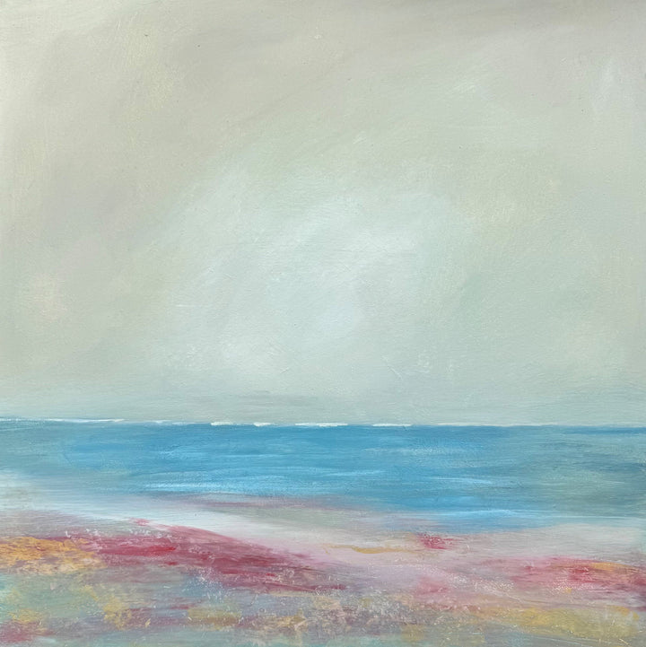 Original coastal painting of a reef/beach scene with blue, pink and gold foreground. Choose a frame to the colour of your choice from the checkout (surcharge) and make it your perect centrepiece for you bedroom or lounge.&nbsp;