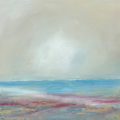 Original coastal painting of a reef/beach scene with blue, pink and gold foreground. Choose a frame to the colour of your choice from the checkout (surcharge) and make it your perfect centrepiece for you bedroom or lounge.