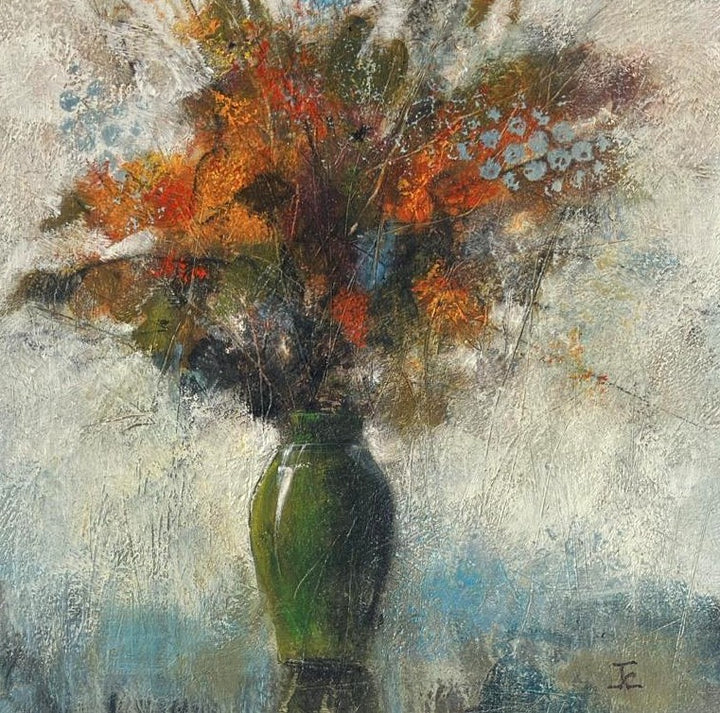 Bring colour, warmth and expressive energy into your home with this beautiful original mixed floral artwork with grasses, featuring a striking arrangement flowers displayed in a green vase. This contemporary still life painting combines bold colour with soft, textured detail, creating a piece that feels both lively and elegant. The vivid floral tones contrast beautifully with the cool green vase, while the loose, expressive brushwork gives the artwork a sense of movement and depth.