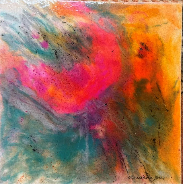 A stunning mixed media abstract floral painting with vivid colour under a layer of bright gloss lacquer resin. Choose your frame colour to match your decor at checkout.
