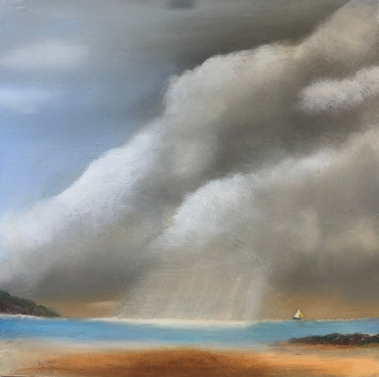 Original artwork of a stormy coastal scene with distant yacht. A small original painting to compliment and modern setting.