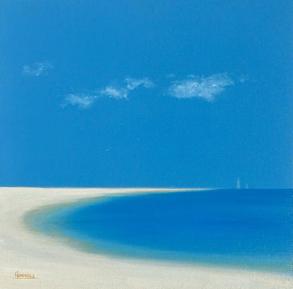 An original coastal painting showing shoreline and blue skies. The perfect wall art for any blue/grey toned room or bathroom setting. A contemporary seascape original artwork for any modern setting.