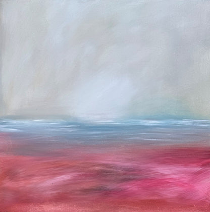 Original artwork of a coastal semi abstract daytime scene with pink foreground. Offering a bright foreground over a pastel sky.