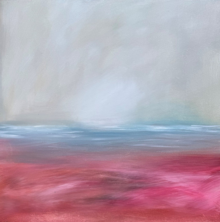 Original artwork of a coastal semi abstract daytime scene with pink foreground. Offering a bright foreground over a pastel sky.