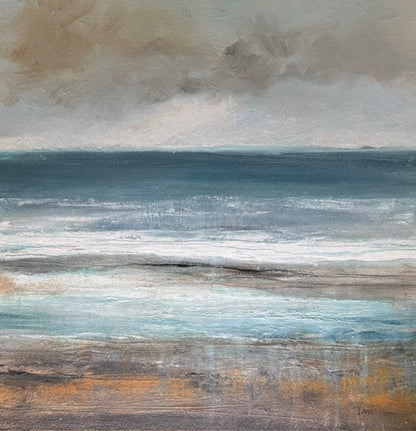 An original coastal seascape painting of a West Country shoreline. Semi abstract with beautiful pastel shades. A perfect artwork for bedroom, bathroom or a coastal hideaway.
