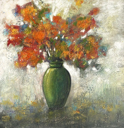 Bring colour, warmth and expressive energy into your home with this beautiful original floral artwork, featuring a striking arrangement of red, orange and golden flowers displayed in a deep blue vase. This contemporary still life painting combines bold colour with soft, textured detail, creating a piece the cool green vase, while the loose, expressive brushwork gives the artwork a sense of movement and depth.