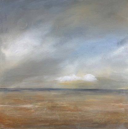 Original artwork of a coastal semi abstract scene with pastel shades and a rust textured foreground.