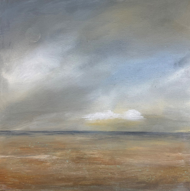 Original artwork of a coastal semi abstract scene with pastel shades and a rust textured foreground.