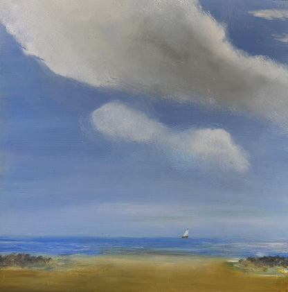 Original artwork of a coastal scene with distant yacht. A small original coastal painting for any home.