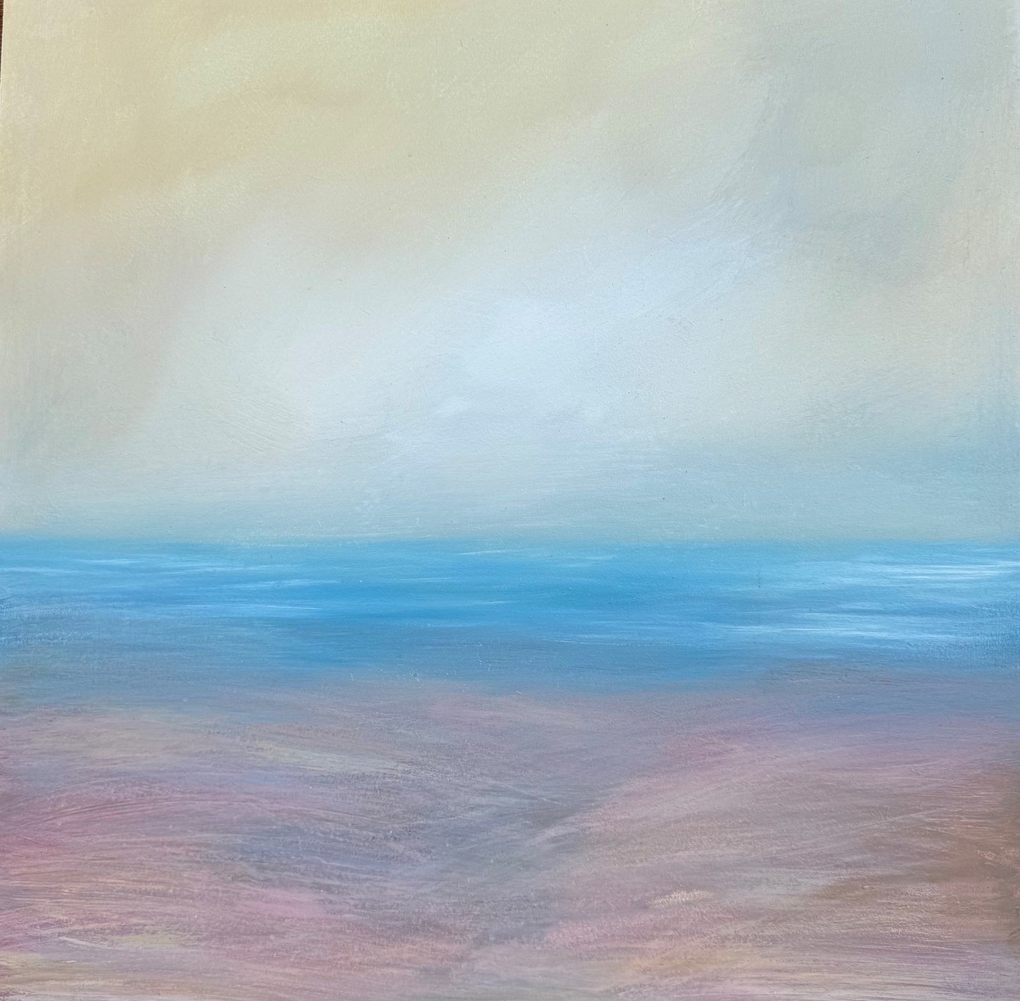 Original painting of a coastal semi abstract scene with pink and blue tones. Light soft pastel colours, a perfect painting for a bedroom or lounge.