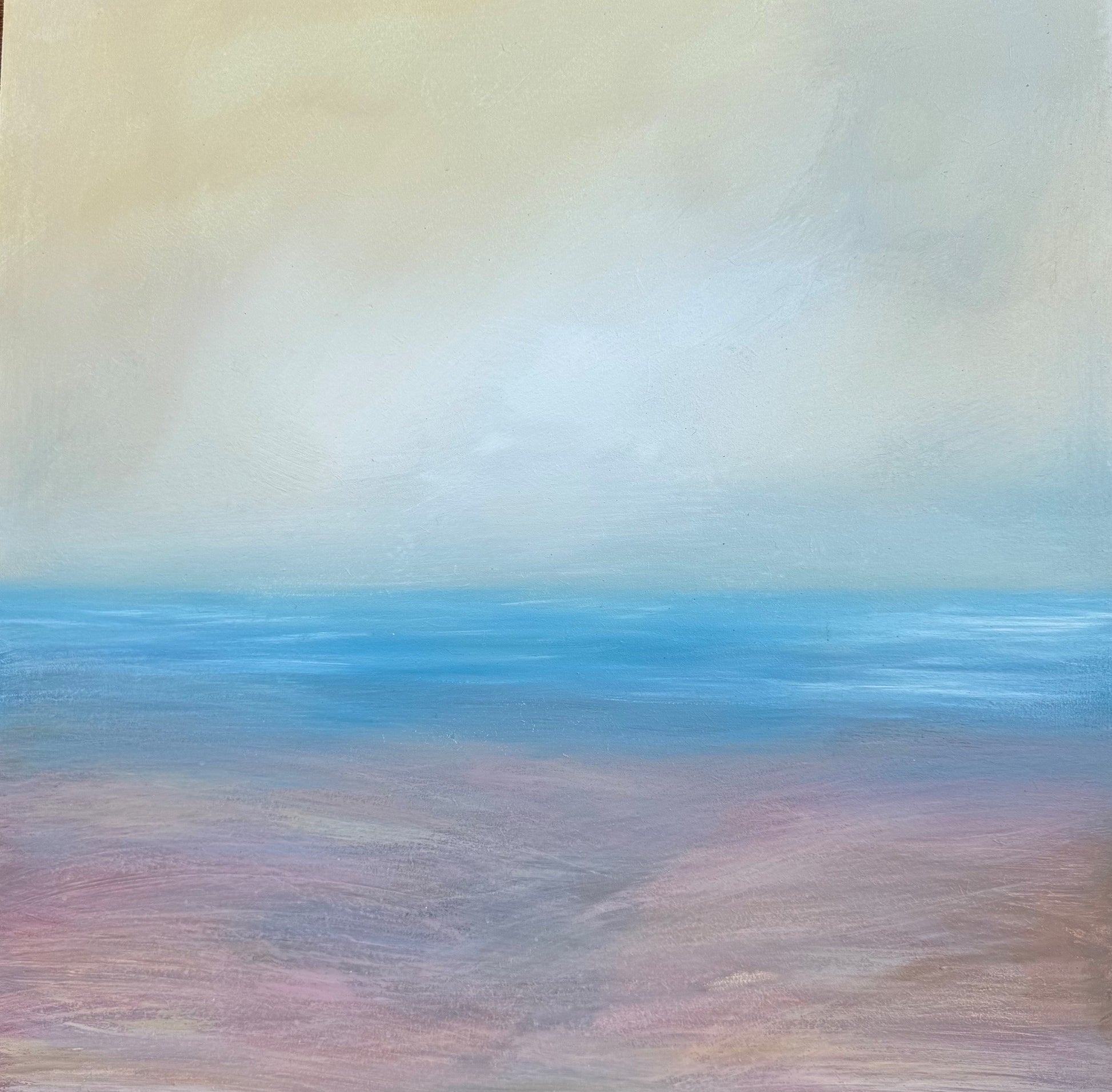 Original painting of a coastal semi abstract scene with pink and blue tones. Light soft pastel colours, a perfect painting for a bedroom or lounge.