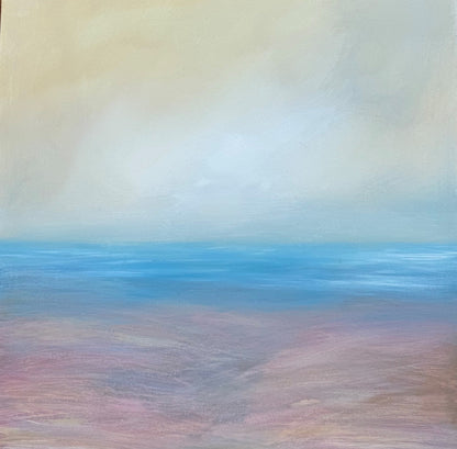 Original painting of a coastal semi abstract scene with pink and blue tones. Light soft pastel colours, a perfect painting for a bedroom or lounge.