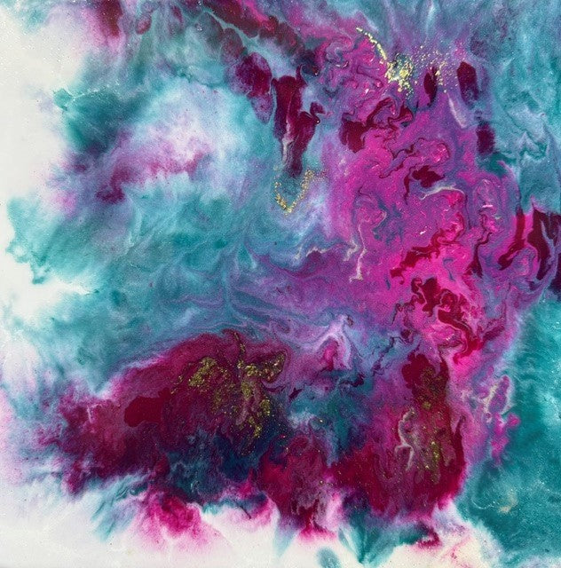 A stunning mixed media abstract painting with gold under a layer of bright gloss resin. Choose your frame colour to match your decor at checkout.