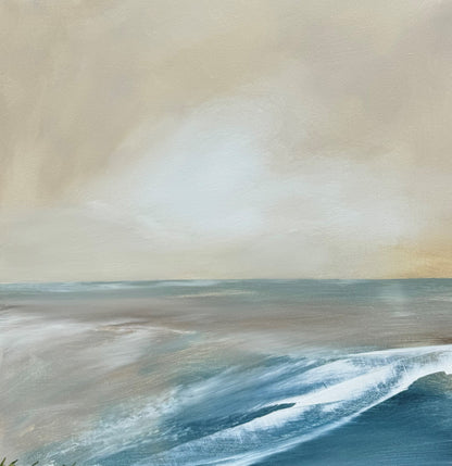 Original artwork of a coastal semi abstract scene with pink and blue tones. The perfect painting for your lounge or bedroom.