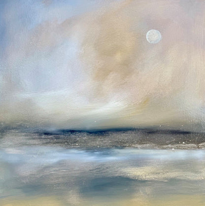 Original artwork of a coastal semi abstract evening scene. Lovely pastel shades of a shoreline. An original painting to compliment any wall setting.