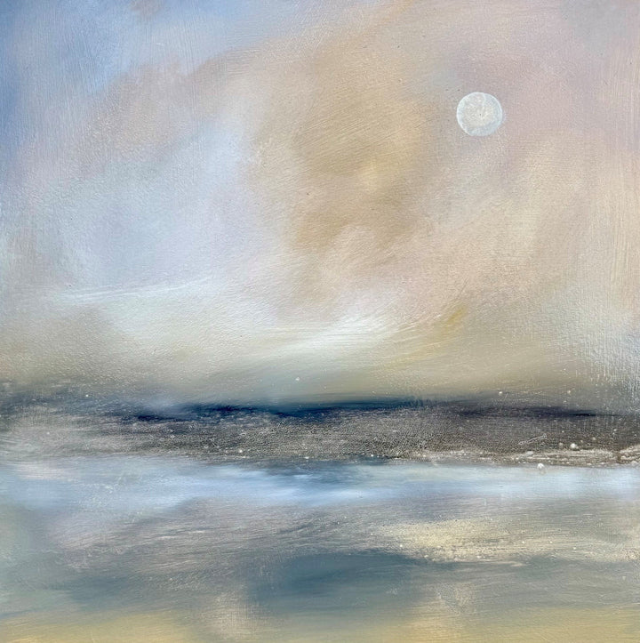 Original artwork of a coastal semi abstract evening scene. Lovely pastel shades of a shoreline. An original painting to compliment any wall setting.