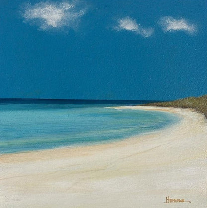 An original coastal painting showing shoreline and blue skies. The perfect wall art for any blue/grey toned room or bathroom setting. A contemporary seascape original artwork for any modern setting.