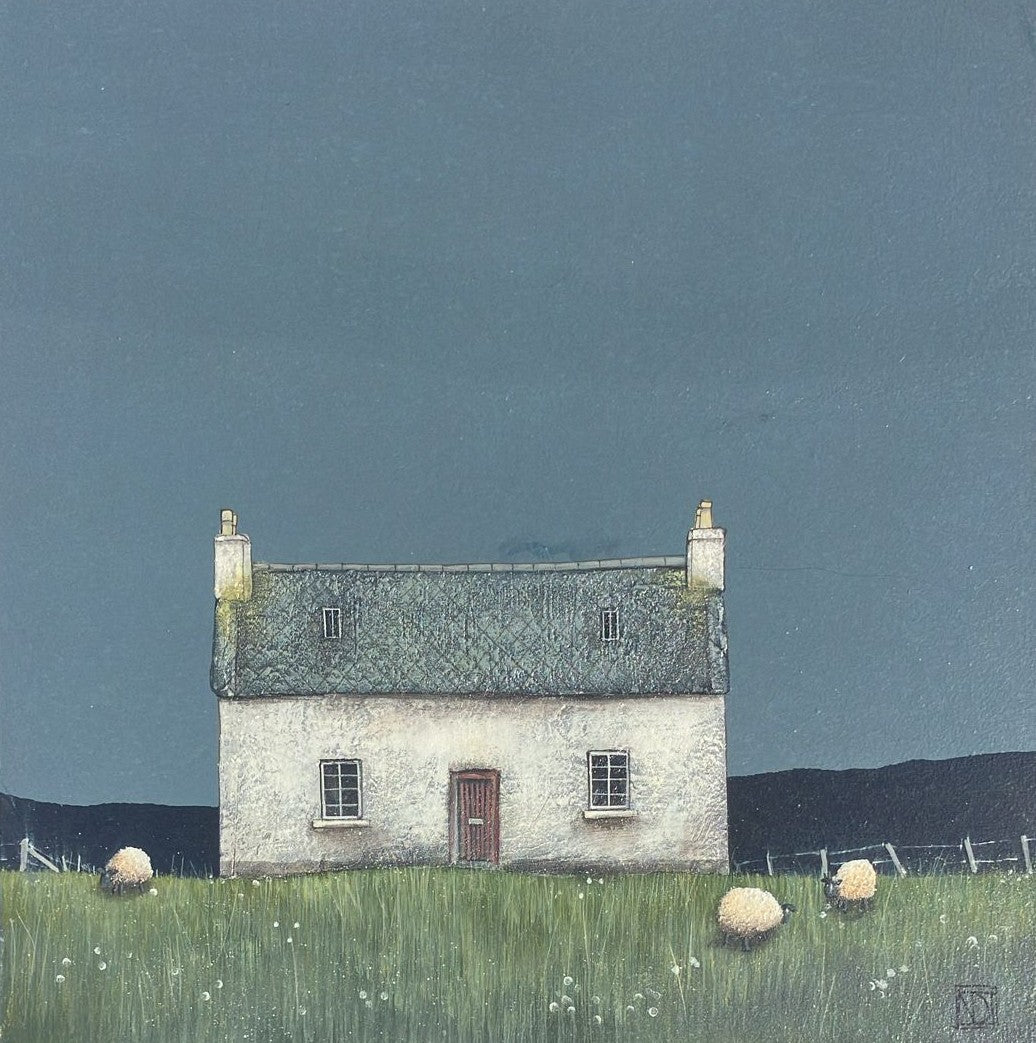 Stunning original painting of thatched coastal croft with sheep and a white fence. A charming original artwork of a rural setting. Choose a frame colour of your choice at checkout for a small surcharge.
