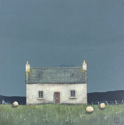 Stunning original painting of thatched coastal croft with sheep and a white fence. A charming original artwork of a rural setting. Choose a frame colour of your choice at checkout for a small surcharge.