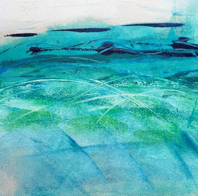 A stunning mixed media landscape painting with gorgeous coastal colours. Choose your frame colour to match your decor at checkout.